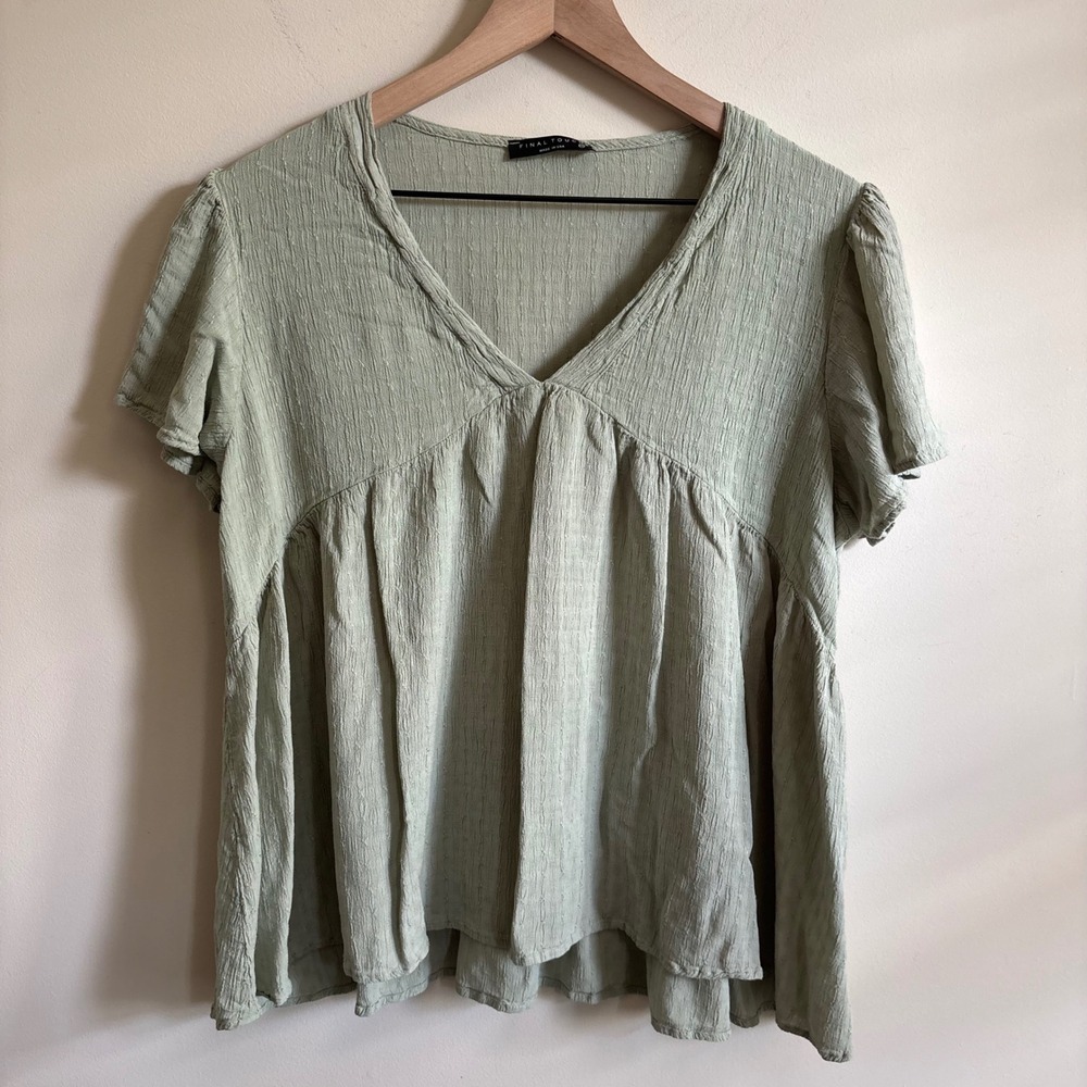 Final Touch Sage Green V-Neck Babydoll Top Short Sleeve Rayon Blouse XXL USA